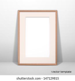 Vector  template. Picture frame design with passepartout. Imitation wood and paper. Realistic shadow.