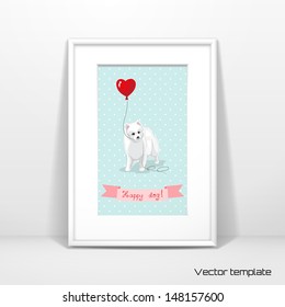 Vector template. Picture frame design with passepartout. White Spitz holds a balloon heart. Seamless background with polka dots. Ribbon with beautiful hand-lettering - Happy dog. Realistic shadow.