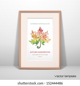 Vector template. Picture frame design with passepartout. Maple leaf. Imitation volume paper art. Handmade quilling. Realistic shadow.