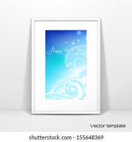 Vector template. Picture frame design with passepartout. Beautiful frosty curls and snowflakes. Hand-lettering - Happy new year!  Realistic shadow.