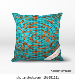 Vector template. Pillow with abstract background. Multicolored geometric ornament and grid. Realistic shadows. Ribbon for your text.