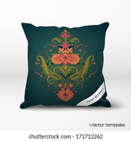Vector template. Pillow with beautiful floral pattern in vintage style. Bright colors and dark background. Realistic shadows. Ribbon for your text.