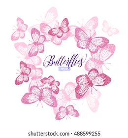 Vector template with pink butterflies and free space for your text in the middle.