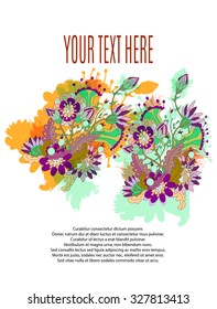 Vector template for placard, banner, flyers, invitation card, save the date hand-drawn floral ornament with bright splashes. Plenty of space for your text.