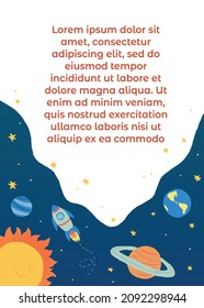 Vector template with place for your text. Horizontal frame decorated with space illustration, stars, rocket flying in space. Colorful frame for invitations, tickets, vouchers, certificates