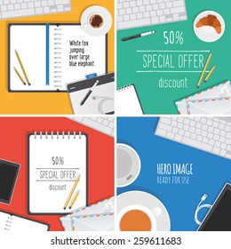 Vector template with place for your text. Dynamic composition made from universal office objects.