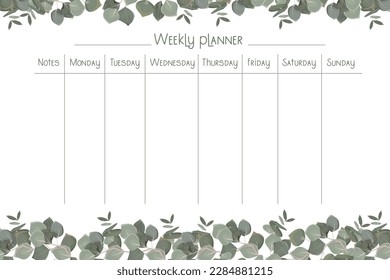 Vector template for planning the week. Green plants and leaves, juicy eucalyptus. 