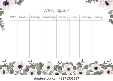 Vector template for planning the week. White anemones, green eucalyptus. 