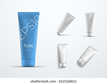 Vector template of plastic tubes for lotion and cream. Mockup packages for presentation of design and advertising in the online store. Set of boxes on a white background.