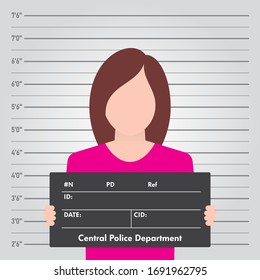 Vector Template Police Lineup. Front-View Mugshot. Woman Holding A Sign.