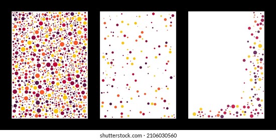 Vector template of polka pattern backgrounds. There are red, yellow and orange color dots patterns. This polka pattern set can use for background, wallpaper, greetings and page frames.