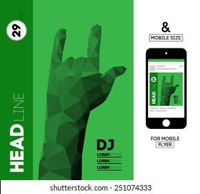 Vector Template with Polygonal Triangular Hand Gesture for Flyer, Invite, Business. With Squire Format Size for Mobile. 