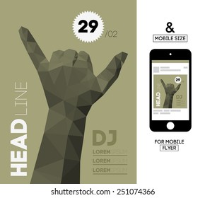 Vector Template with Polygonal Triangular Hand Gesture for Flyer, Invite, Business. With Squire Format Size for Mobile. 