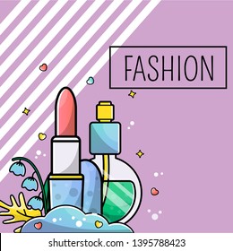Vector template for post, social media. Accessories, makeup cosmetics, lipstick, perfume. Place for text. Background for banner, card.