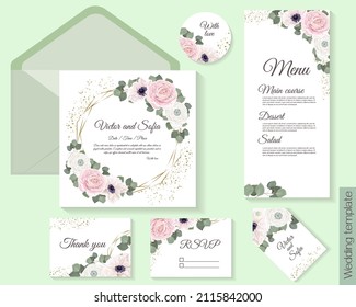 Vector template for a postcard. Invitation card, thanks. Pink roses, white roses, rununculus, anemones, eucalyptus, green plants and leaves. 