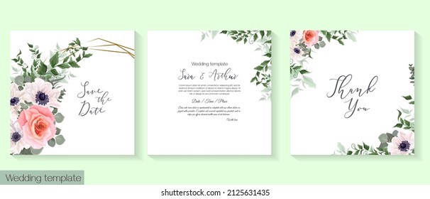 Vector template for a postcard. Invitation card, thanks. Pink roses, white roses, rununculus, anemones, eucalyptus, green plants and leaves. 