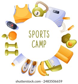 Vector template for postcard, poster, web page on the theme of sports. International Sports Day, sports camp, healthy lifestyle. Round frame made of sports equipment, sportswear, fruits.