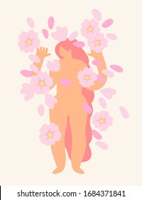 Vector. Template postcard with woman and flowers for your design, banners, flyers, postcards.