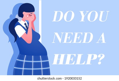 Vector template of poster about help pregnant teenagers. Horizontal banner with copy space and sad pregnant teen girl. Young women shelter, social help center or crisis center concept