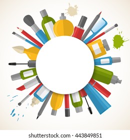 Vector template for poster or banner with cosmetics and makeup products in modern flat style. Place for text.