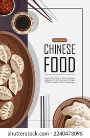 Vector template poster design with Chinese food Dim Sum dumplings and copy-space isolated on white and purple. Banner, flyer, card, restaurant menu, promotion concept.