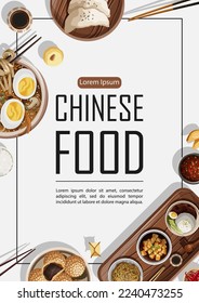 Vector template poster design with Chinese food and copy-space in the middle isolated on white. Banner, flyer, card, restaurant menu, promotion concept.