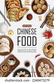 Diseño de afiches de plantilla de vectores con comida china y espacio de copia en el medio aislado en blanco. Cartel, folleto, tarjeta, menú restaurante, concepto de promoción.