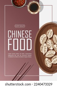Diseño de afiches de plantilla de vectores con bolas de comida china y espacio de copia aislado en blanco y rosa. Cartel, folleto, tarjeta, menú restaurante, concepto de promoción.