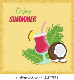 vector template of a poster with illustrations of coconut, cocktail, palm leaves and enjoy summer text