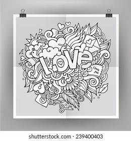 Vector template poster with Love hand lettering and doodles elements