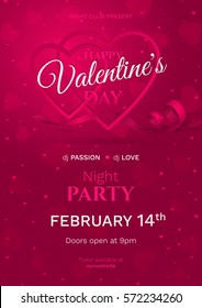 Vector template for poster of night party for "Happy Valentine's day" with frames of shaped heart, ribbon and confetti. Holiday pink background for flyers with hearts