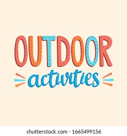 Vektorillustration-Vorlage für Poster von Outdoor-Aktivitäten mit 3D-Text. Handgezeichnete Schrift von Outdoor für Banner, Zeichendesign. 