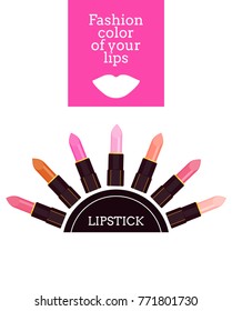 Vector template of poster with palette of colors of lipstick for lips, makeup. Goods for beauty. Flat illustration. Objects isolated on white background.