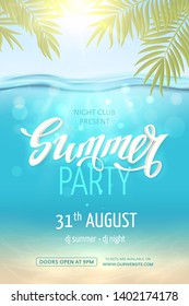 Vector template for poster of Summer Party with 3D text, realistic palm leaves and deep undersea scene. Illustration with underwater ocean landscape. Invitation with marine background.