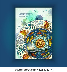 Vector template poster with watercolor paint and ethnic sea mandala. Pattern with decorative ornament, doodle fishes, waves, wind and ships. Abstract aquarelle background for  flyers, posters or menu.