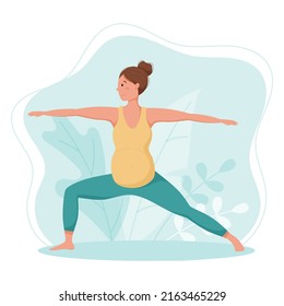 Vector template, pregnant woman doing yoga or gymnastics, virabhadrasana II pose