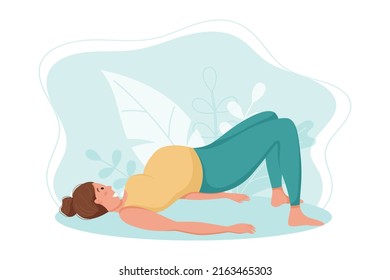 Vector template, pregnant woman doing yoga or gymnastics, Setu Bandha Sarvangasana pose, isolated on white