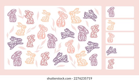 Vector template for preschool games. I spy game. Childrens educational fun. Count how many decorated rabbits. Cartoon folk art bunnies in pastel colors. Count animals