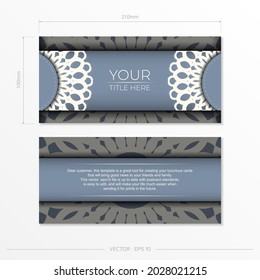 Vector Template for print design postcard in blue color with luxury ornament. Preparing an invitation card with vintage patterns.