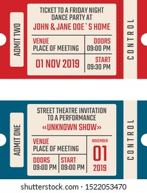 Vector template of private night dance party and street theatre event tickets