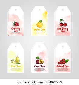 vector template of raspberry, quince, red cherry, pear, plum, currant jams  labels with watercolor background