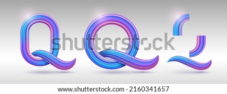 Vector template of realistic 3d letter Q in different shapes. Striped monogram O. Volumetric typography with colorful neon stripes for logo, branding. Wavy Font