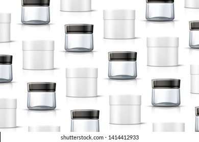 Vector template - realistic cosmetics glass jar and paper box on table, mockup for your package design isolated on white background