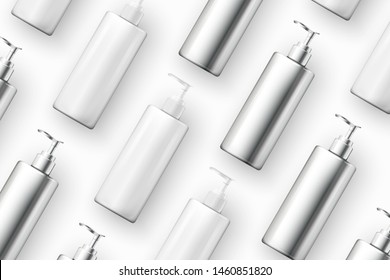 Vector template - realistic cosmetics plastic and metal shampoo bottles on table, mockup for your package design. Isolated on white background