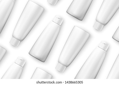 Vector template - realistic cosmetics shampoo bottles on table, mockup for your package design