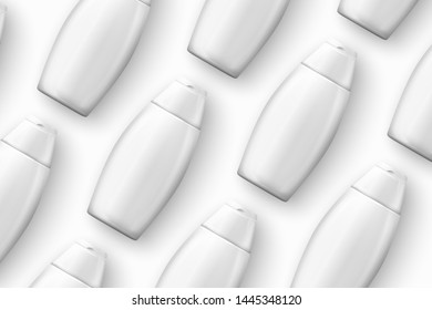 Vector template - realistic cosmetics shampoo bottles on table, mockup for your package design
