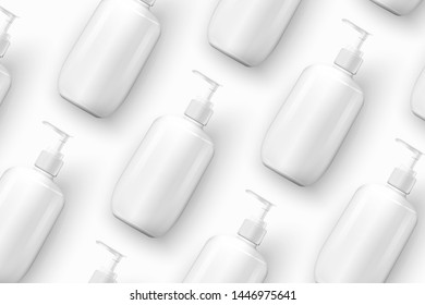 Vector template - realistic cosmetics shampoo bottles on table, mockup for your package design