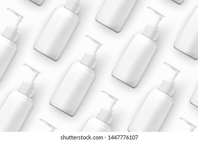 Vector template - realistic cosmetics shampoo bottles on table, mockup for your package design