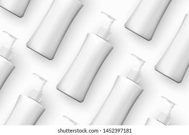 Vector template - realistic cosmetics shampoo bottles on table, mockup for your package design