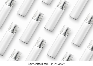 Vector template - realistic cosmetics spray bottles on table, mockup for your package design